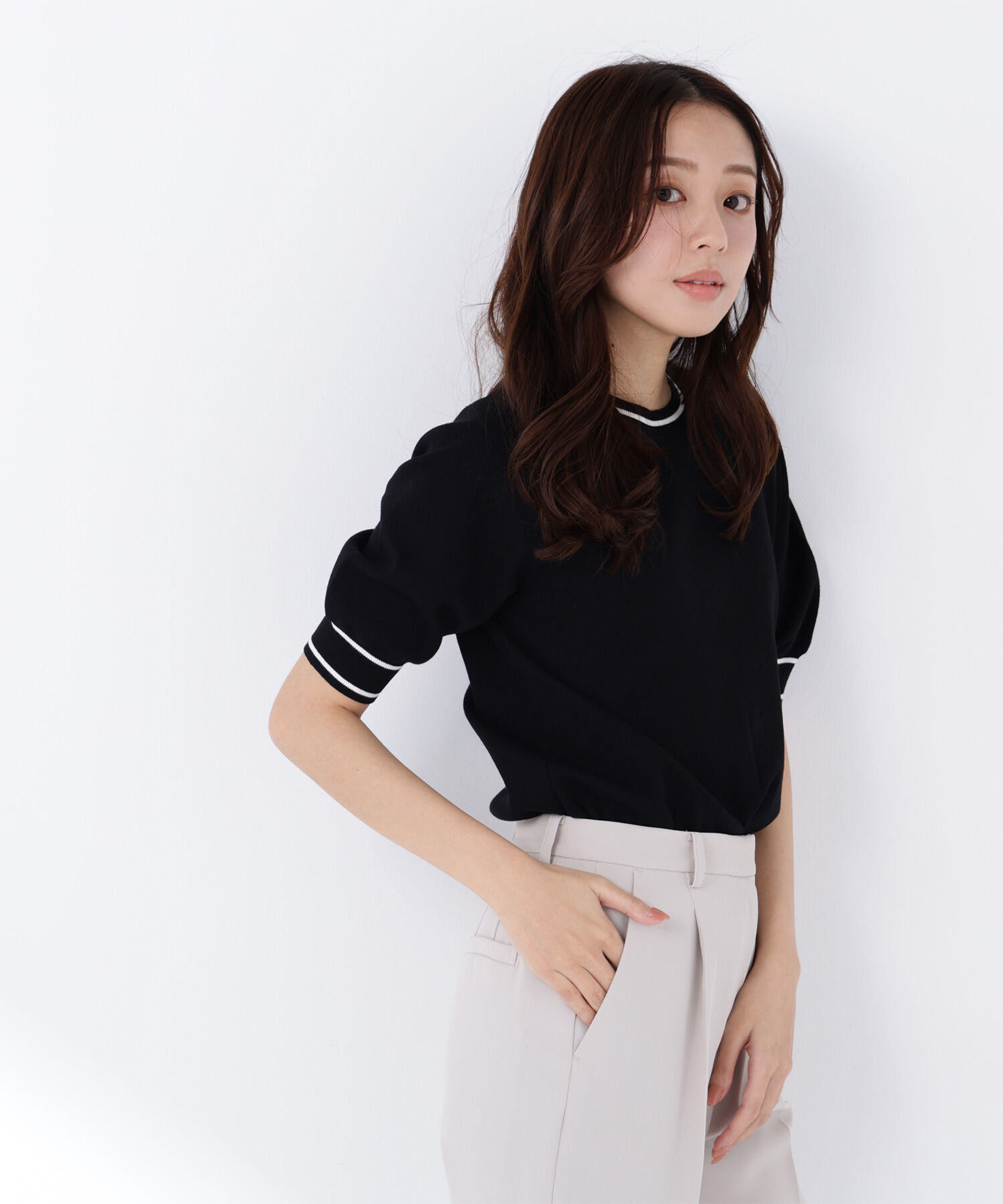  「総針ベーシック バイカラーラインニット」|ニット・セーター|