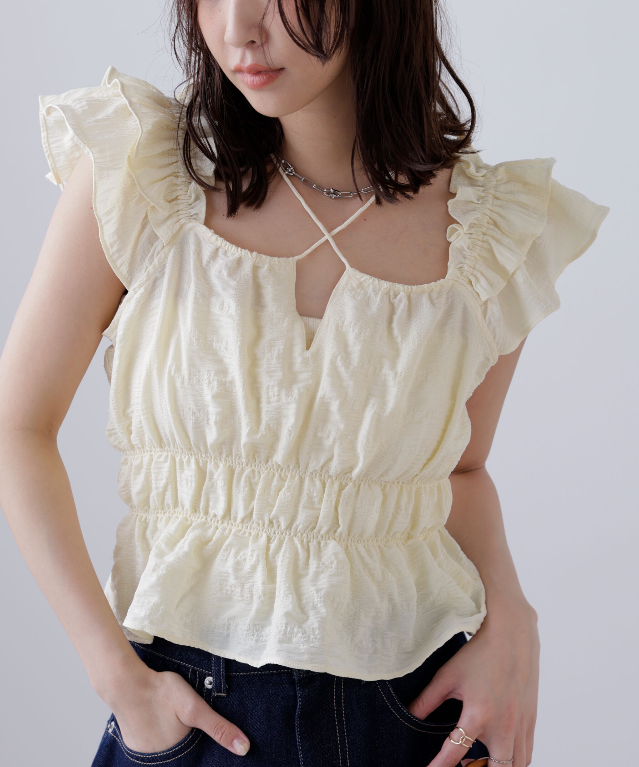  「前後2way肩フリルシャーリングペプラムブラウス」|シャツ・ブラウス|