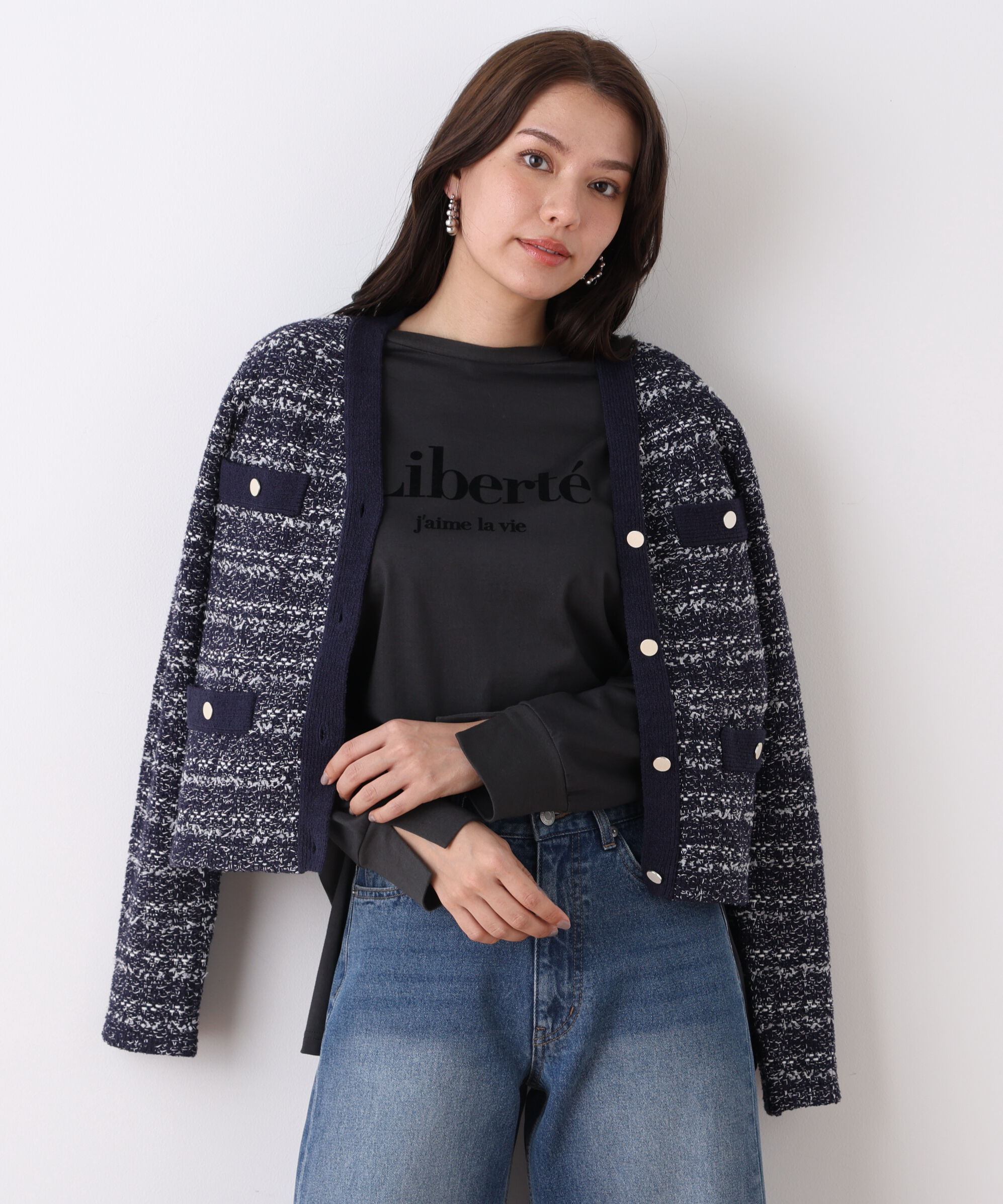  「ブークレーツイードＶネックカーディガン」|その他|ネイビー