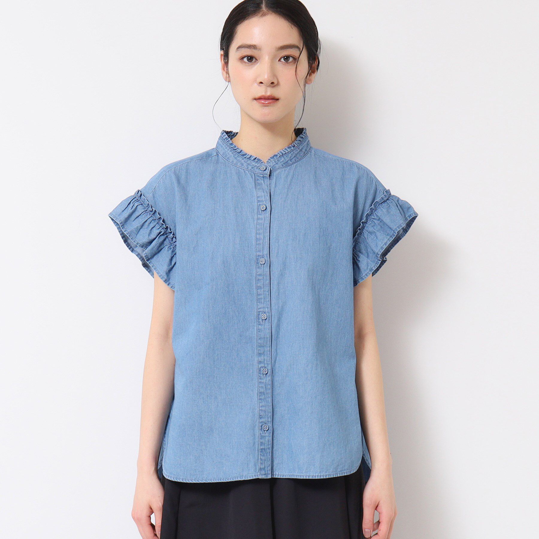 Dessin「【洗える】ギャザーフリル綿麻デニムブラウス」|シャツ・ブラウス|