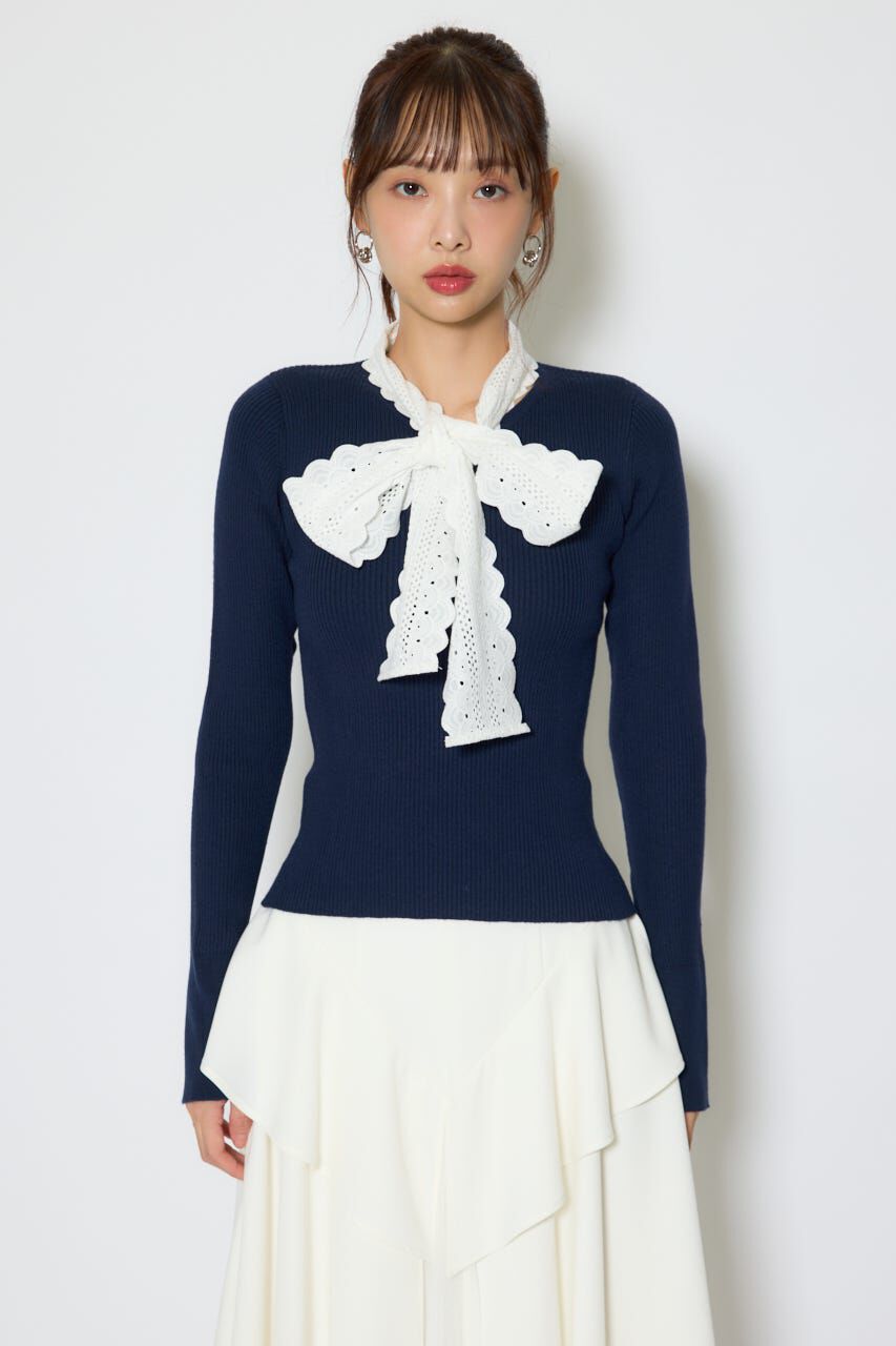 rienda「コットンレースリボンニットトップス」|ニット・セーター|