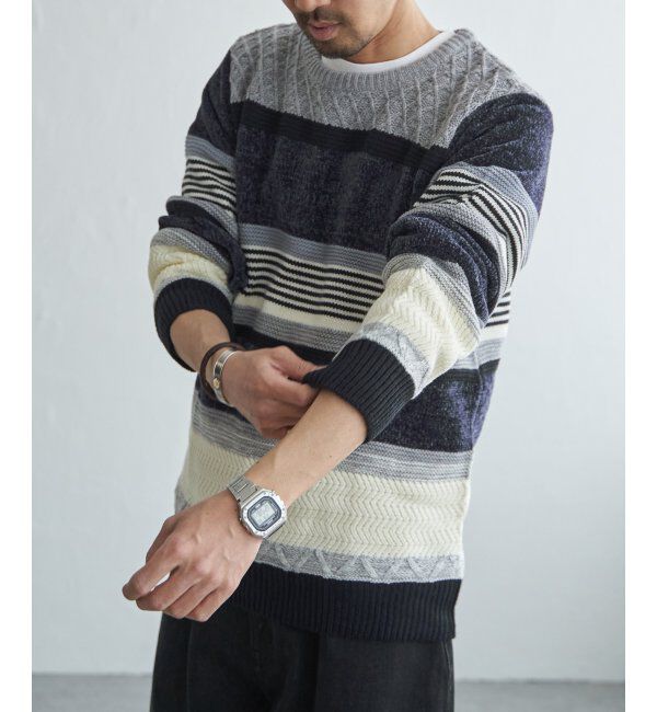 ikka「モールミックスボーダーニット」|プルオーバー|ネイビー