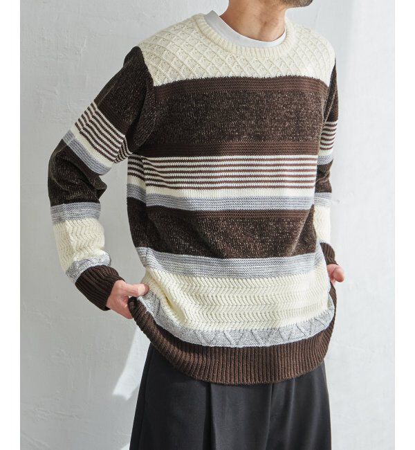 ikka「モールミックスボーダーニット」|プルオーバー|ブラウン