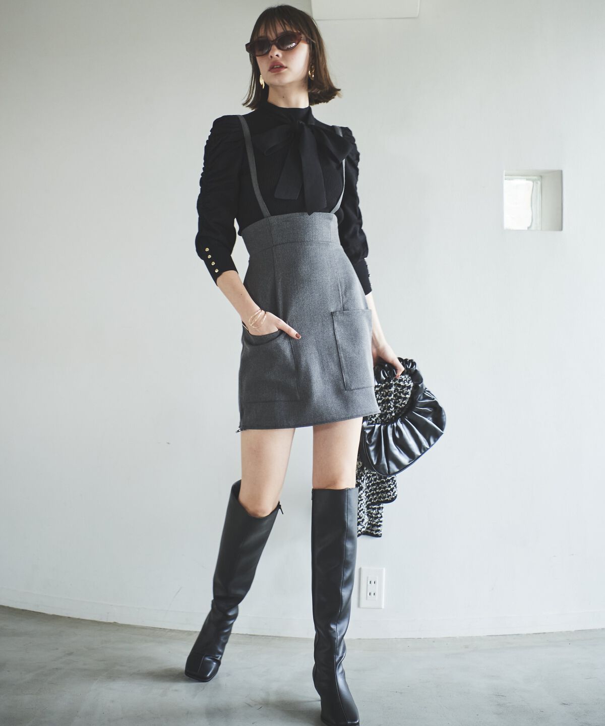 アンドクチュール「袖ギャザーボウタイ付きニットプルオーバー」|ニット・セーター|