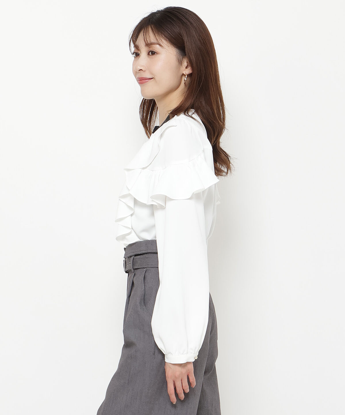 アンドクチュール「ダブルフリル配色ハイカラーブラウス」|シャツ・ブラウス|