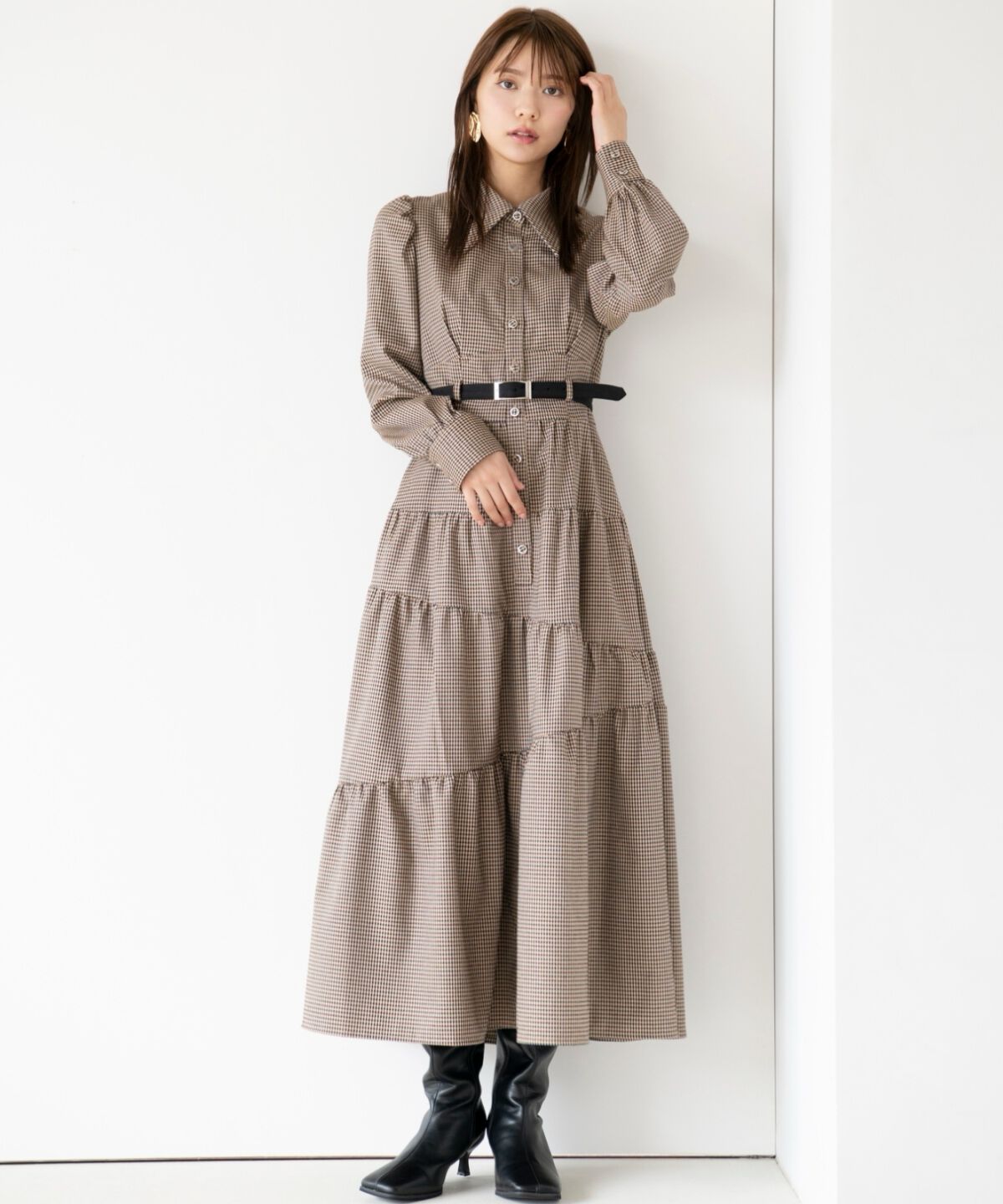 アンドクチュール「千鳥ティアードシャツワンピース」|ワンピース|ブラウン