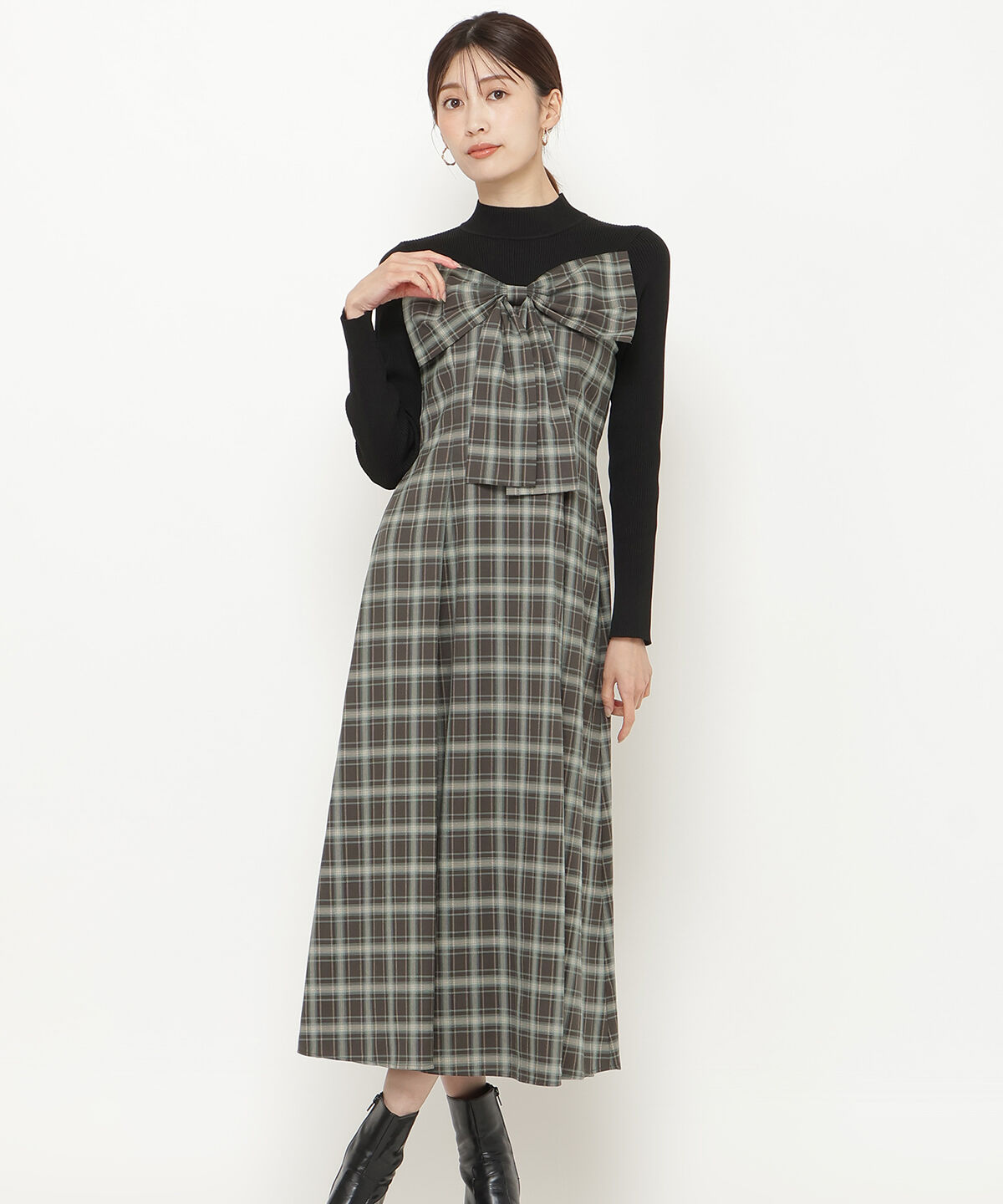アンドクチュール「チェックリボン切替ワンピース」|ワンピース|