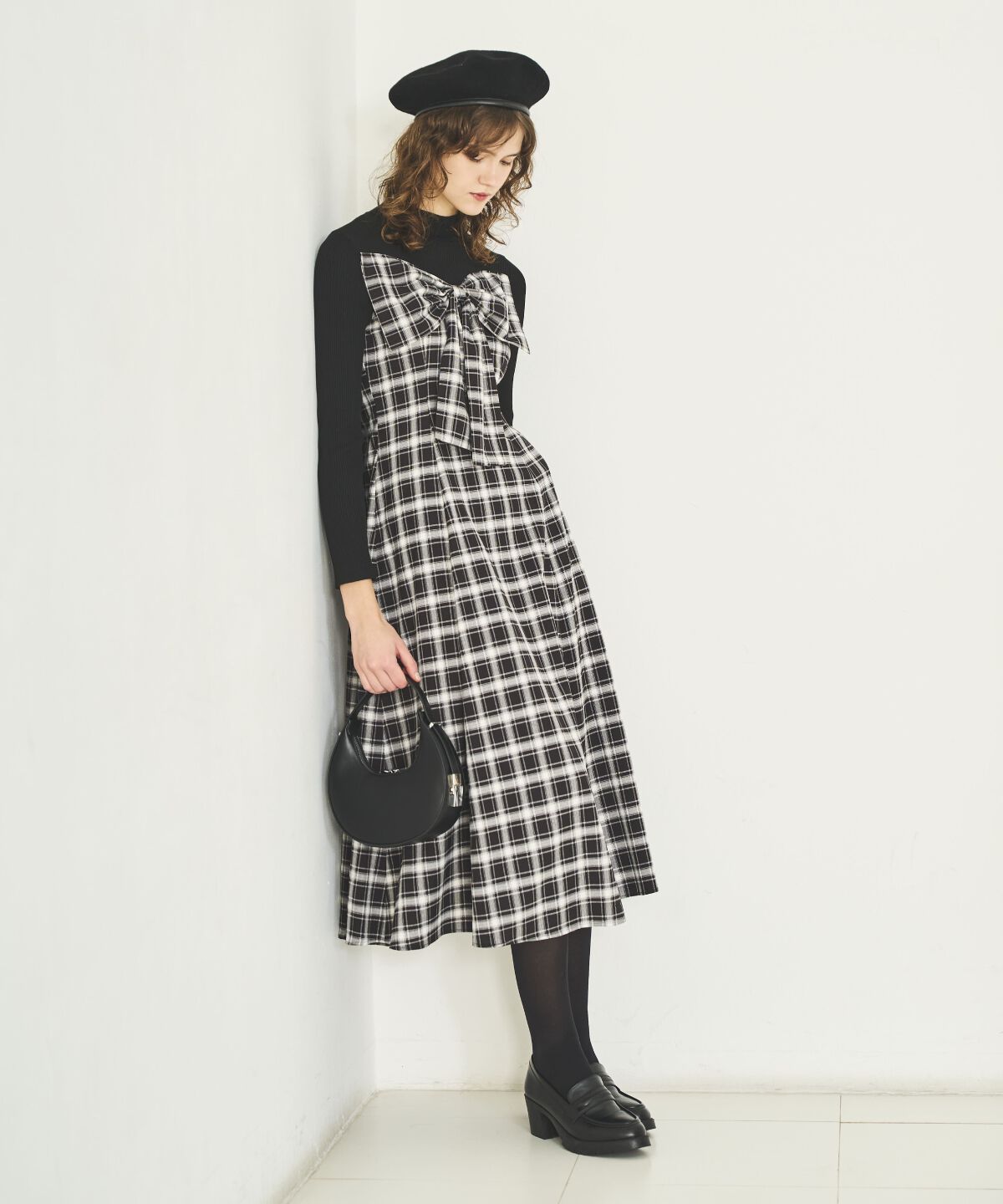 アンドクチュール「チェックリボン切替ワンピース」|ワンピース|ブラック