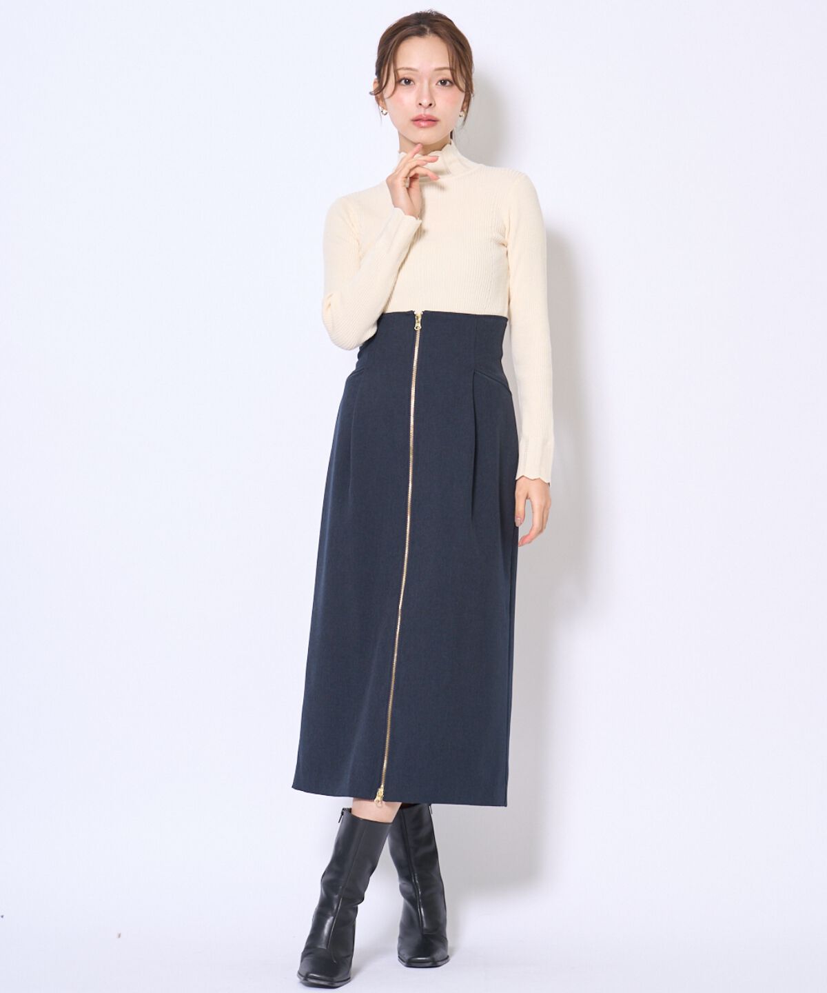 アンドクチュール「センターZIPスカート」|タイト|ブルー