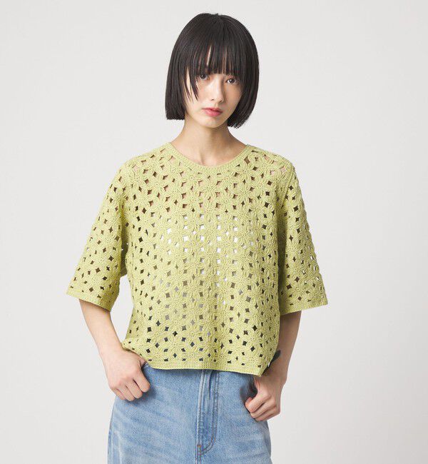 EMMEL REFINES「＜EMMEL REFINES＞EM HW フラワーシシュウ ショートスリーブ ニット」|ニット・セーター|LIME