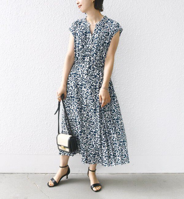 SHIPS for women「【WEB限定】〈洗濯機可能〉ドット 花柄 サイド プリーツ フレンチスリーブ ワンピース」|ワンピース|ネイビー
