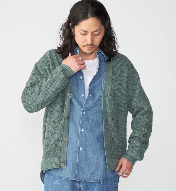 SHIPS「SHIPS: 9GG サンフェード リネン Vネック カーディガン」|カーディガン|グリーン