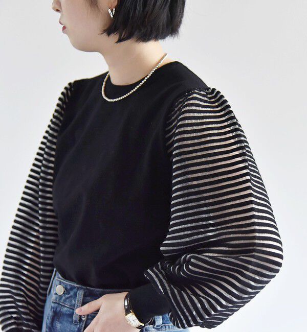 quaranciel「quaranciel:〈手洗い可能〉シアー ボーダー ボリュームスリーブ プルオーバー」|ニット・セーター|