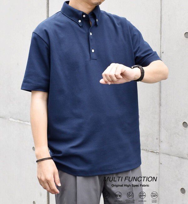 SHIPS any「SHIPS any:〈接触冷感/遮熱/UVカット機能等〉サマーファンクション 鹿の子 ボタンダウンポロシャツ◇」|ポロシャツ|ネイビー