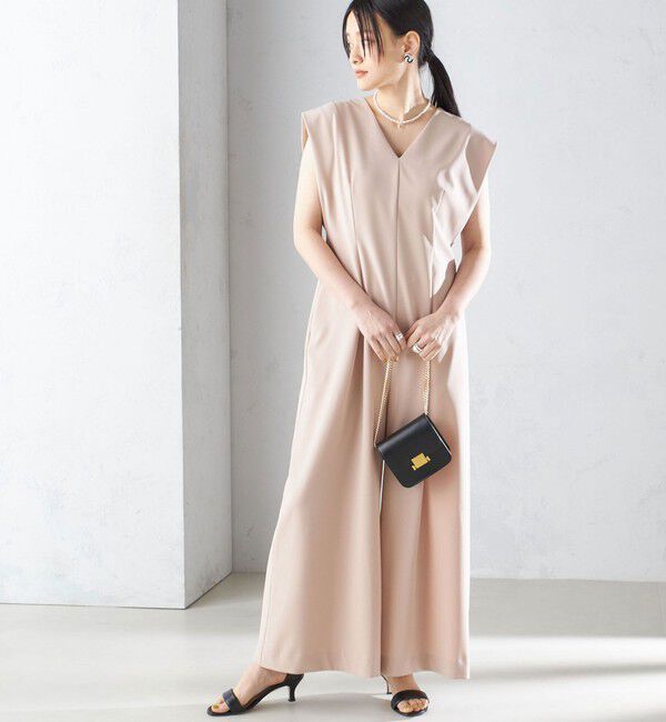 SHIPS for women「little black:Vネック ワイド シルエット オールインワン（セレモニー対応可）」|オールインワン|ベージュ