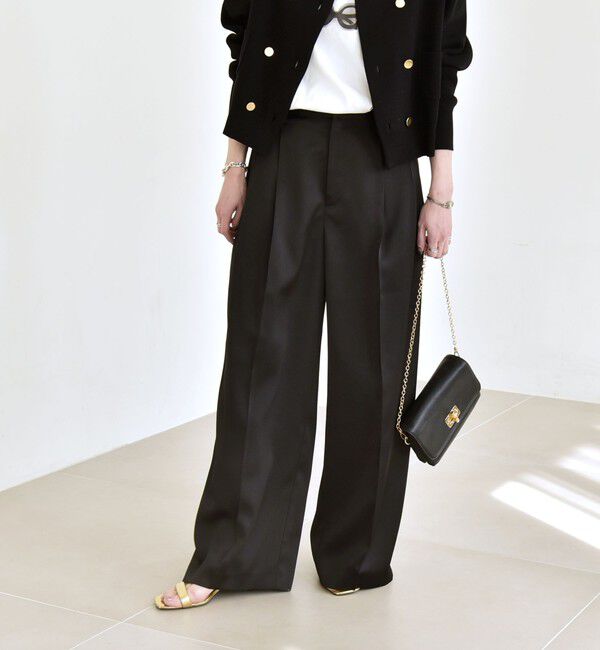 quaranciel「quaranciel:〈手洗い可能〉サテン ワイド ストレート スラックス」|その他|ブラック