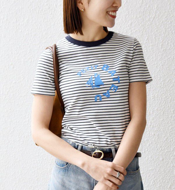 SHIPS any「《予約》【SHIPS any別注】PETIT BATEAU: ロゴ プリント コンパクト ボーダー TEE 26SS」|Tシャツ・カットソー|ネイビー