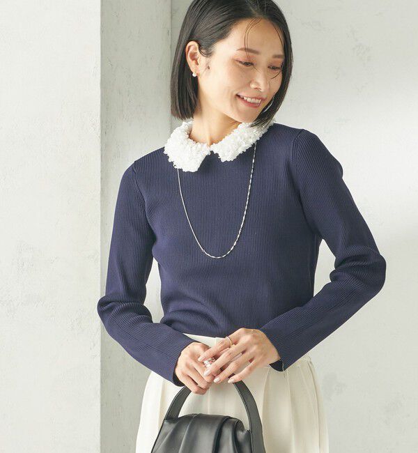 SHIPS for women「〈手洗い可能〉2WAY ポリエステル フリル カラー リブ ニット」|ニット・セーター|ネイビー