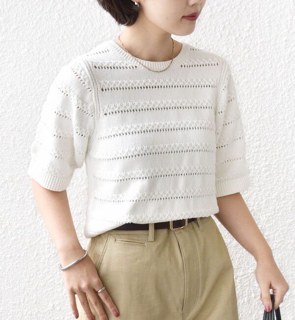 SHIPS for women「《予約》〈手洗い可能〉コットン レース柄 ショート スリーブ プルオーバー」|ニット・セーター|