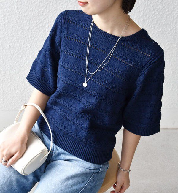 SHIPS for women「《予約》〈手洗い可能〉コットン レース柄 ショート スリーブ プルオーバー」|ニット・セーター|ネイビー