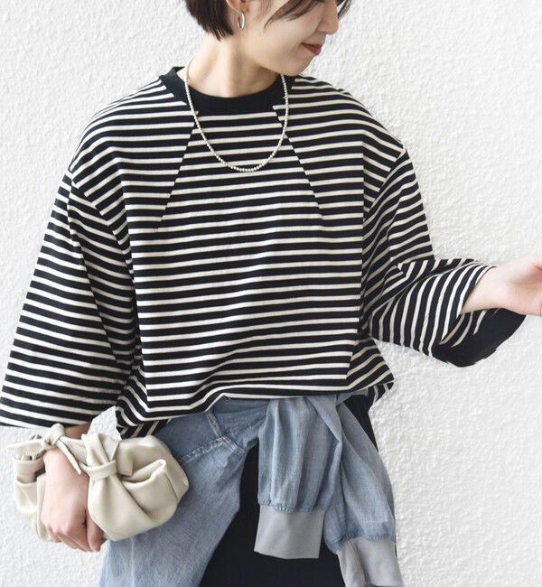 SHIPS for women「《予約》バスク ボーダー / 無地 5分袖 TEE」|Tシャツ・カットソー|ブラック