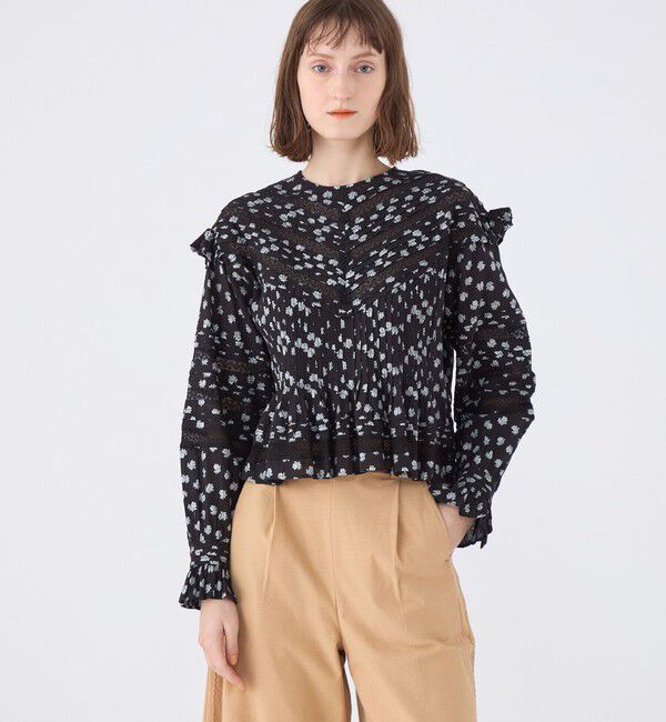 SOULEIADO「コットンボイルプリント ピンタックフリルブラウス」|シャツ・ブラウス|