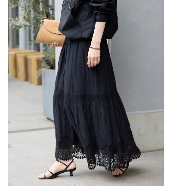 SLOBE IENA「《WEB限定/追加2予約》コットンボイルケミカルレーススカート」|スカート|ブラック