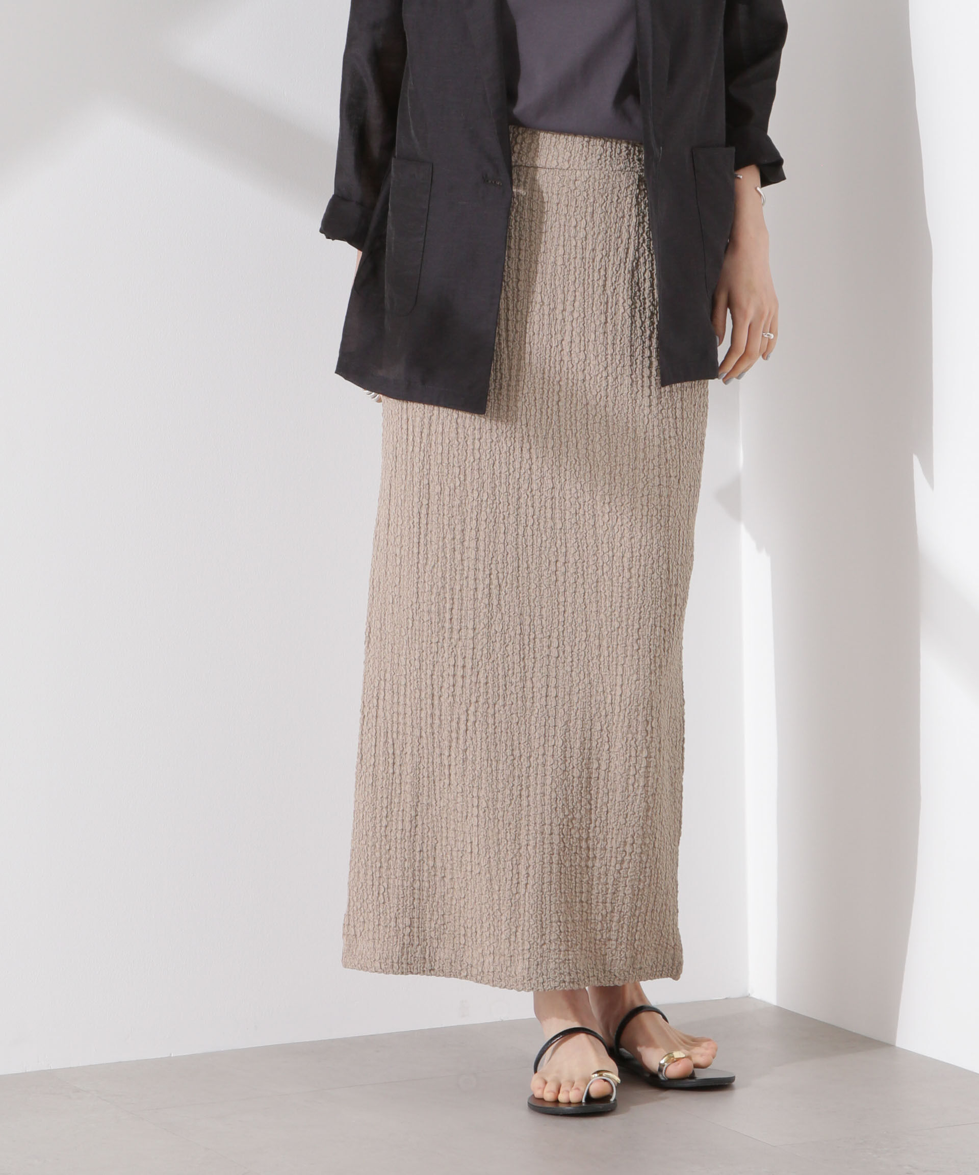 nano･universe「シャーリングジャガードカットナロースカート(セットアップ可)」|スカート|ベージュ