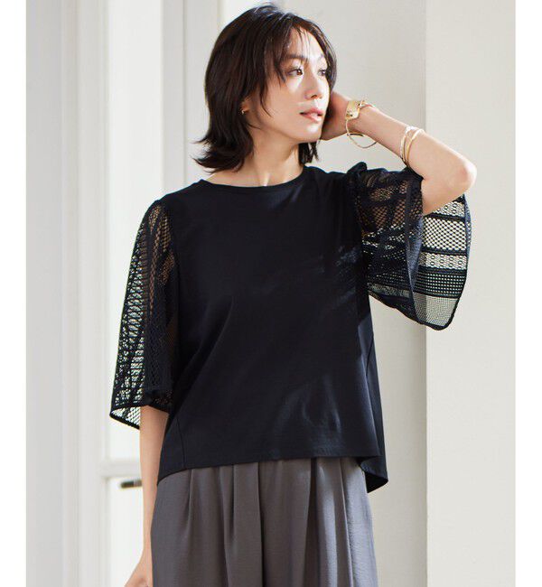自由区「【洗える】レースエッジフレアスリーブ トップス」|Tシャツ・カットソー|ブラック