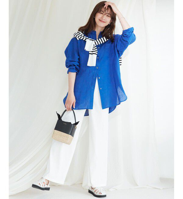 23区「【WEB限定カラーあり/洗える】LIBECO バンドカラー ビッグシルエット シャツ」|シャツ・ブラウス|