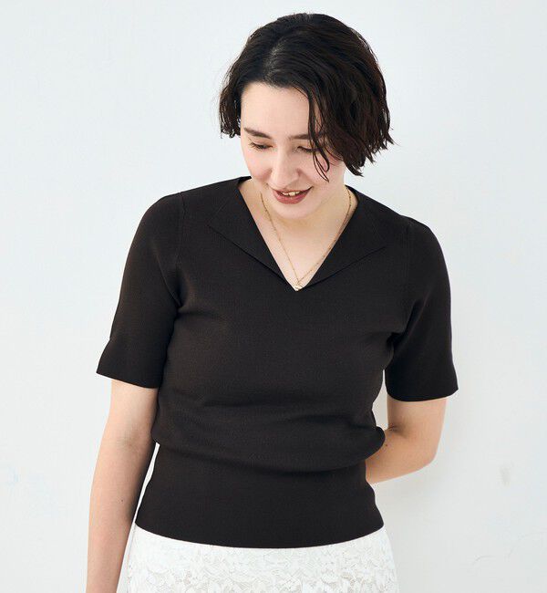 NOLLEY'S sophi「《手洗い可能》トライアングルカラー総針5分袖プルオーバー」|ニット・セーター|ダークブラウン