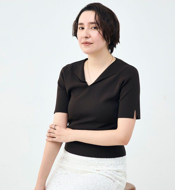 NOLLEY'S sophi「《手洗い可能》トライアングルカラー総針5分袖プルオーバー」|ニット・セーター|