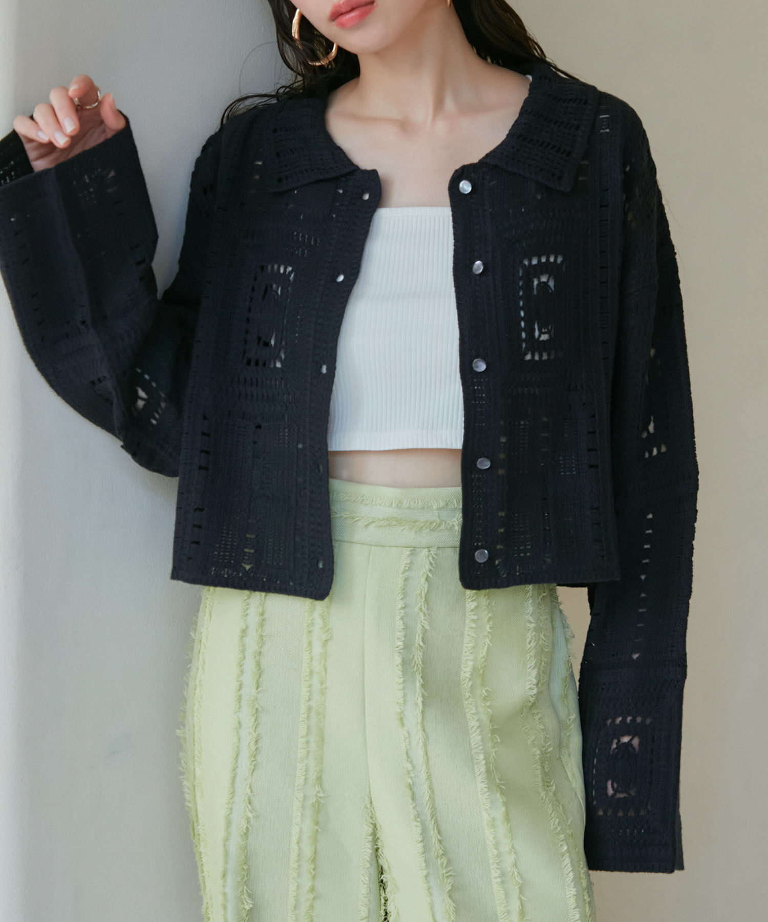 VIS「衿付きクロシェレースカーデガン」|カーディガン|ブラック(01)