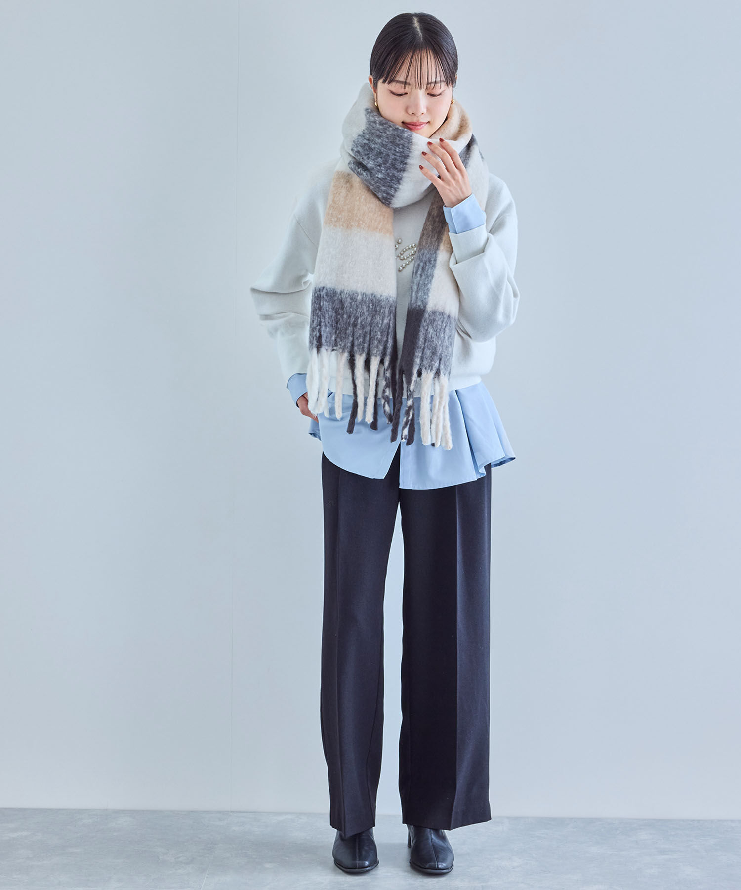 VIS「【リサイクルポリ】ブロックチェック太フリンジマフラー」|ストール|