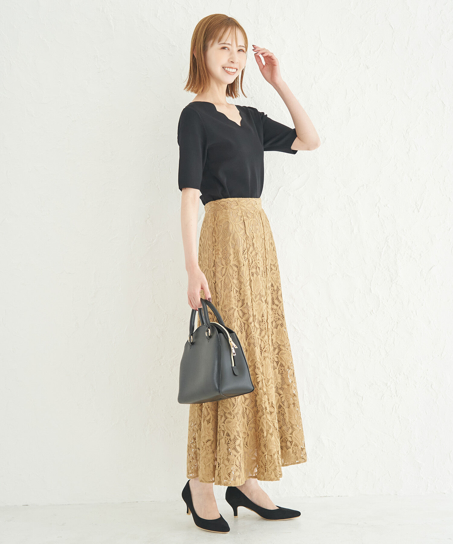 Rope&rsquo;Picnic「UVカット・洗える・接触冷感/Vスカラップネックハーフスリーブニットプルオーバー」|ニット・セーター|