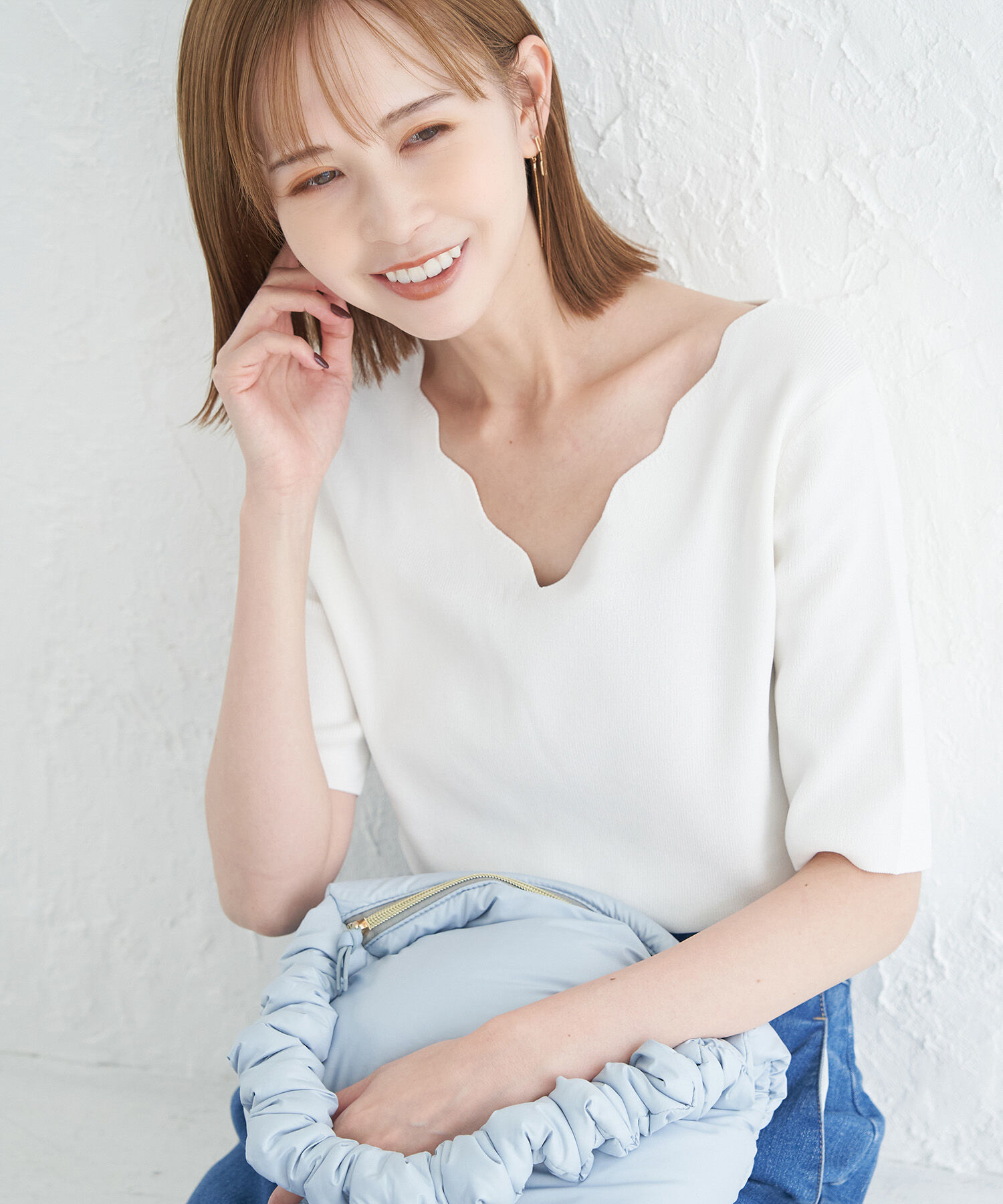 Rope&rsquo;Picnic「UVカット・洗える・接触冷感/Vスカラップネックハーフスリーブニットプルオーバー」|ニット・セーター|