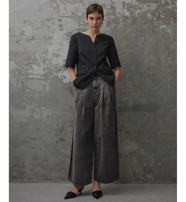 ADAM ET ROPE'「【EMOELLE】スリットネックハーフスリーブジャケット」|ノーカラージャケット|