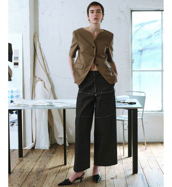 ADAM ET ROPE'「【EMOELLE】スリットネックハーフスリーブジャケット」|ノーカラージャケット|