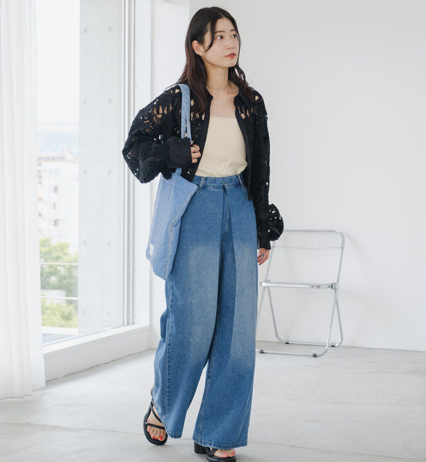  「【3サイズ】デニムタックワイドパンツ」|デニム|