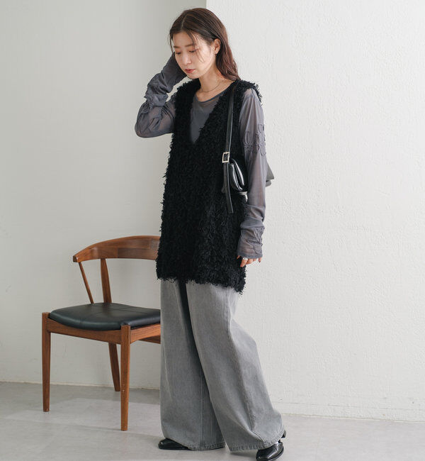  「【3サイズ】デニムタックワイドパンツ」|デニム|