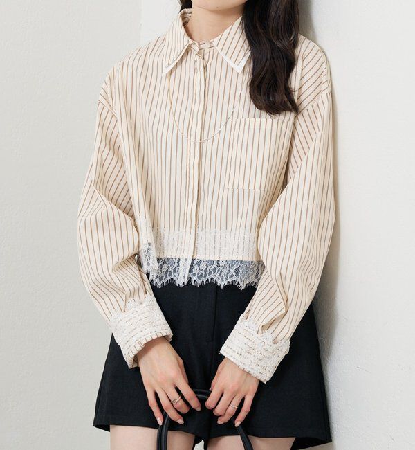 「ストライプ裾レースシャツ」|シャツ・ブラウス|ベージュ
