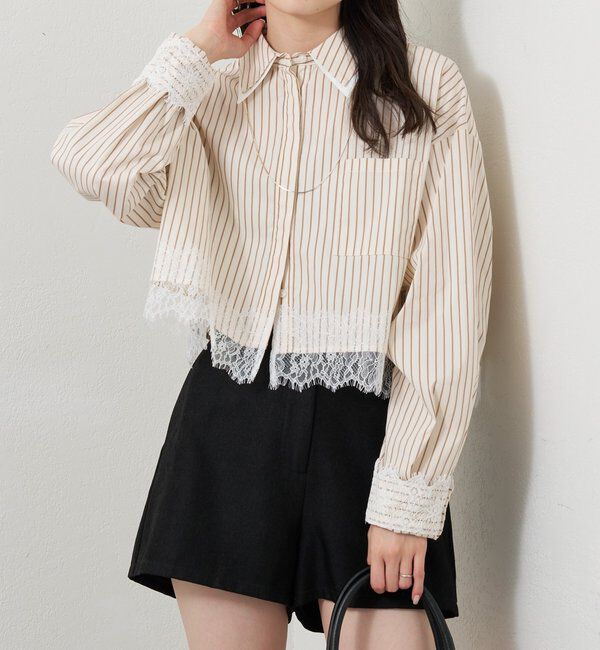  「ストライプ裾レースシャツ」|シャツ・ブラウス|