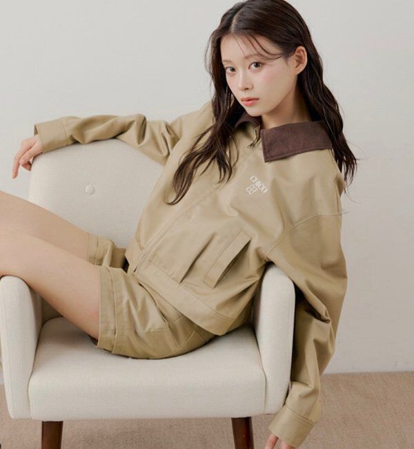  「【セットアップ対応】襟配色ジップジャケット」|その他|ベージュ