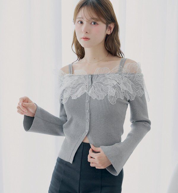  「【SALON by Chico】フラワーレースオフショルリブデザインニット」|カーディガン|