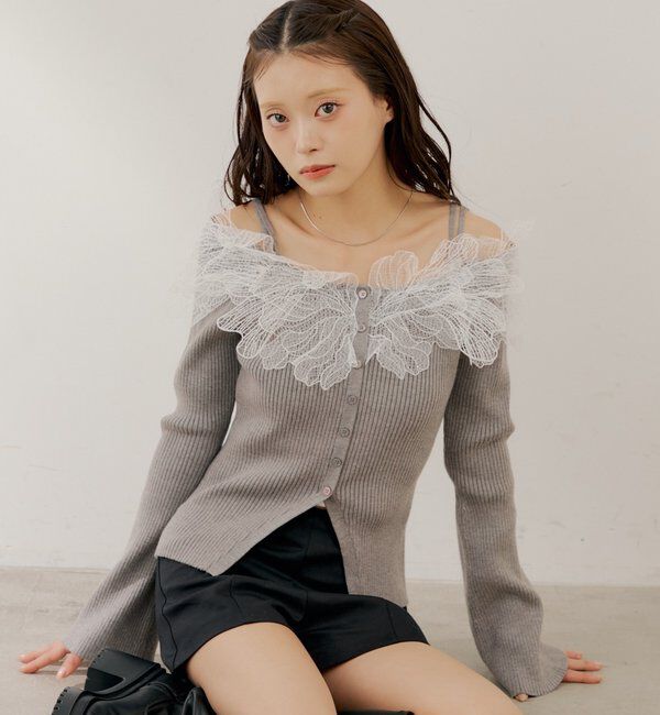  「【SALON by Chico】フラワーレースオフショルリブデザインニット」|カーディガン|グレー