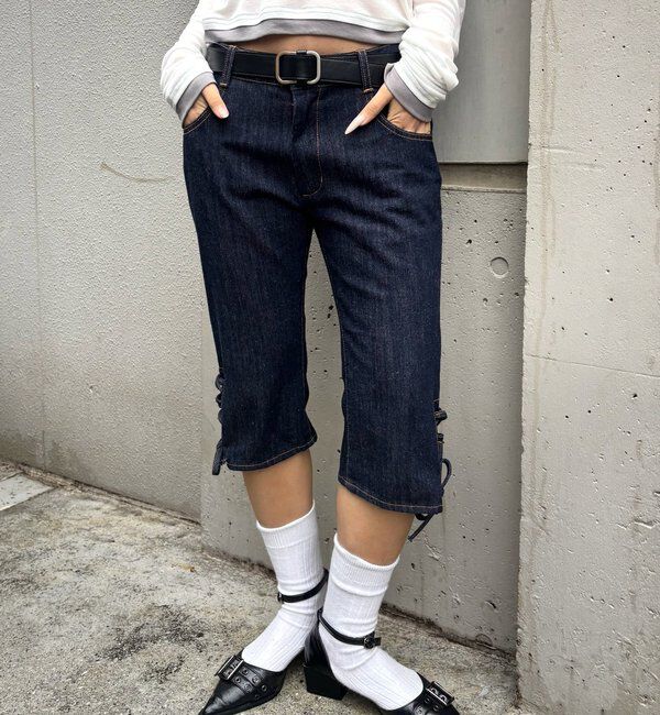  「レースアップデニムカプリパンツ」|デニム|