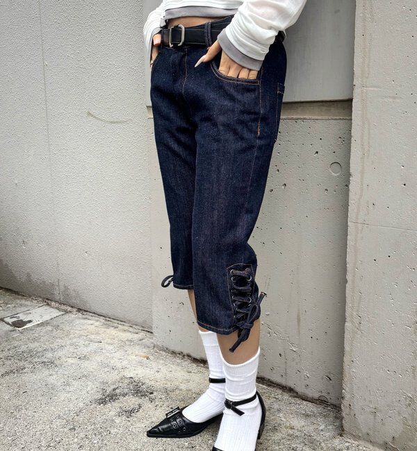 「レースアップデニムカプリパンツ」|デニム|