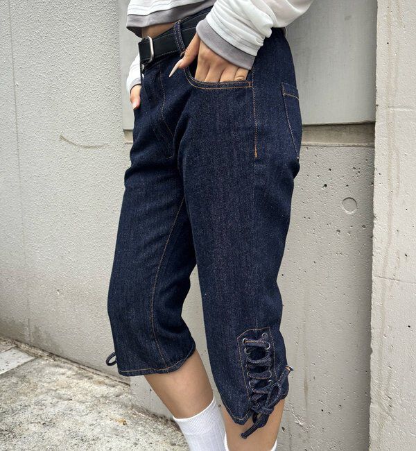  「レースアップデニムカプリパンツ」|デニム|