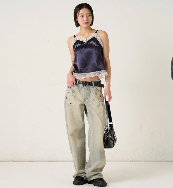  「刺繍ロゴサテンスリップキャミ」|シャツ・ブラウス|