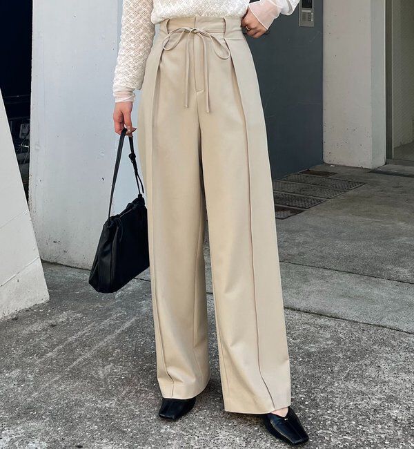  「【低身長サイズあり】ピンタックリボンパンツ」|チノ|ベージュ